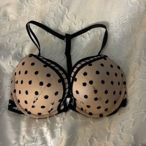Victoria’s Secret 34D tan and black polka dot padded T back push up bra.